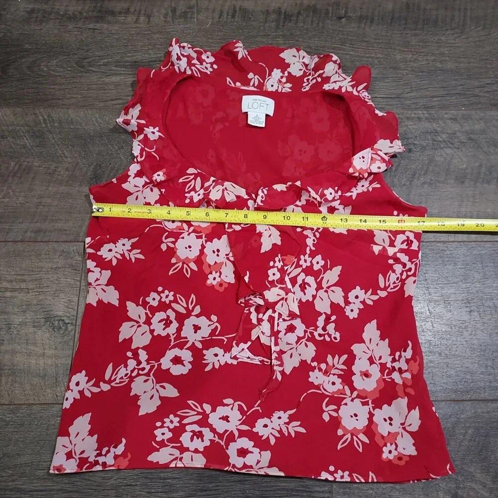Ann Taylor Loft Silk Ruffle Sleeveless Blouse Red White Pink Beach Summercore - Picture 3 of 11